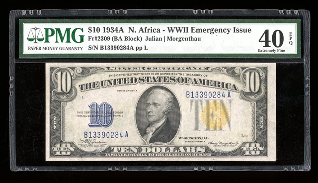 DBR 1934-A $10 North Africa Silver Fr. 2309 PMG XF-40 EPQ Serial B13390284A