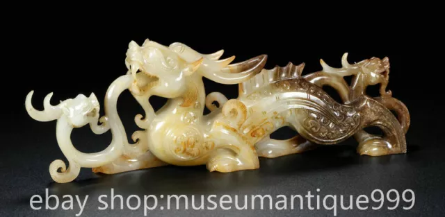 10.4" Chinese Natural Hetian White Jade Carving Dragon Beast Statue Sculpture
