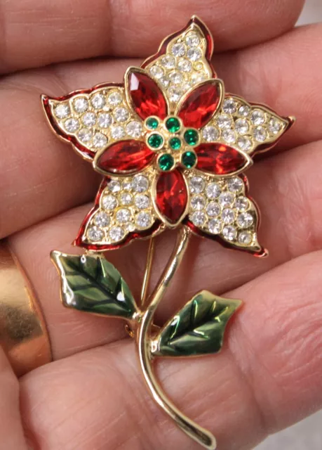 Vintage MONET Signed Enamel, Rhinestones Gold Tone Flower Brooch Pin