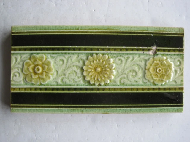Antique Victorian Pilkingtons Moulded And Glazed 6" X 3" Floral Border Tile