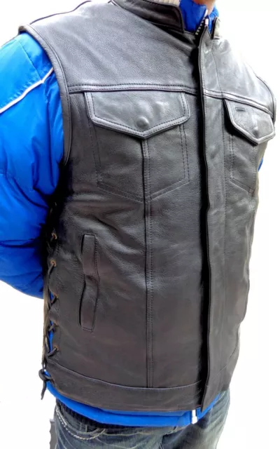 Men's Anarchy Leather Motorcycle Vest 2 Gun Pockets Inside With Side Laces Naked