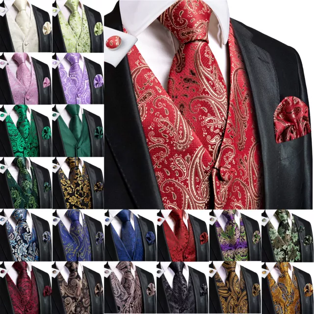 UK Red Blue Gold Paisley Mens Waistcoat Dress Vest Suit Solid Floral Tie Set