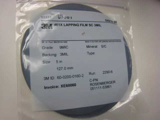 3M # 53861  Lapping Film   461X  9 MICRON  50 DISCS 5inch  S/C Made USA