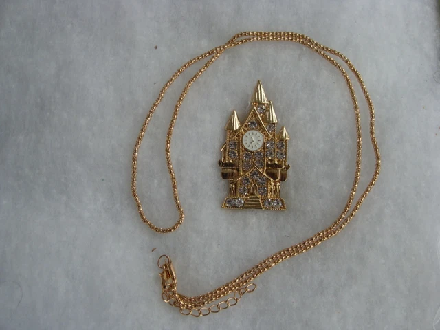 Betsey Johnson Crystal Clock Tower Castle Pendant Chain Necklace/Brooch Pin Gift