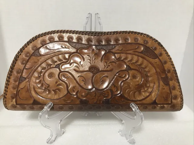 Vintage Hand Tooled Leather Laced Purse With Inside Lining 14” X 6.5”