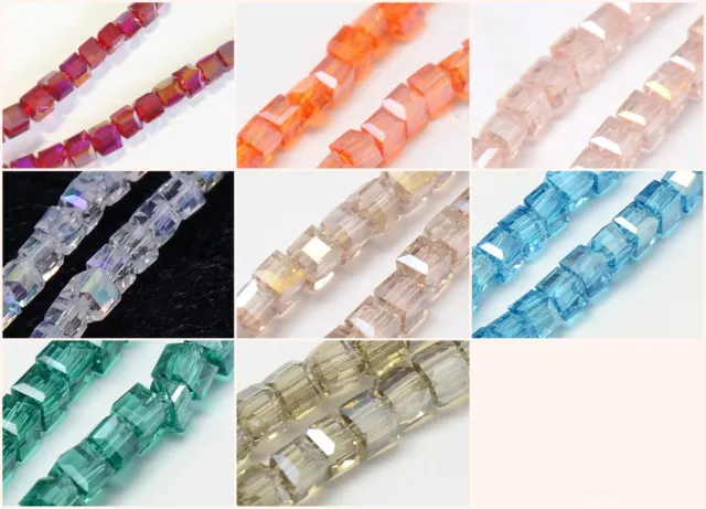 4x4mm 98St. Glasschliffperlen AB plated Würfel Cube Fädelloch 1mm