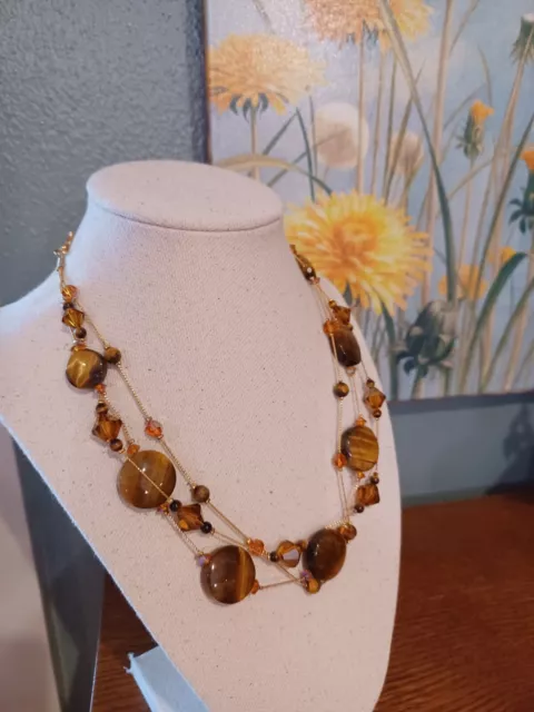 Dabby Reid 3 Strand brown tone Tiger Eye  Crystal Bead Necklace gold toned metal