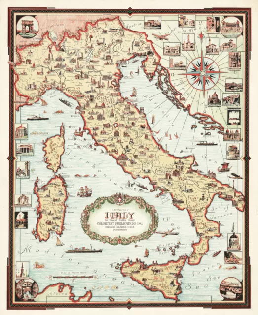 1935 Decorative Pictorial Map of Italy Wall Art Poster Print Decor Artwork