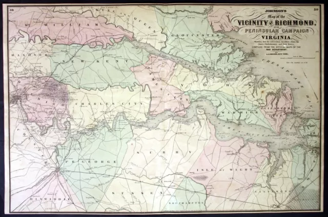 1862 Richmond Virginia civil war Johnson vintage map Karte antique engraving