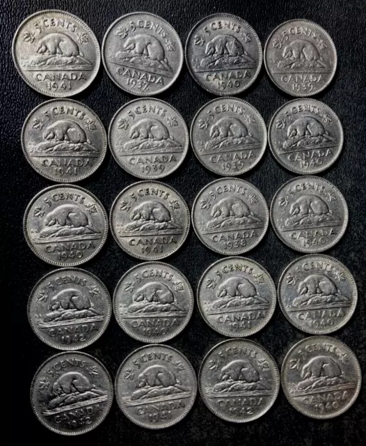 Old Canada Coin Lot - 1937-1942 - King George VI Nickels - 20 Coins - Lot #J4