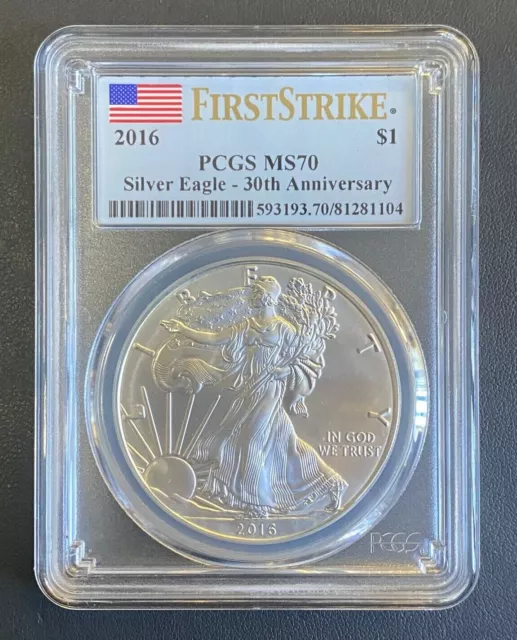 2016 $1 AMERICAN SILVER EAGLE PCGS MS-70 FIRST STRIKE LABEL, 30th ANNIVERSARY