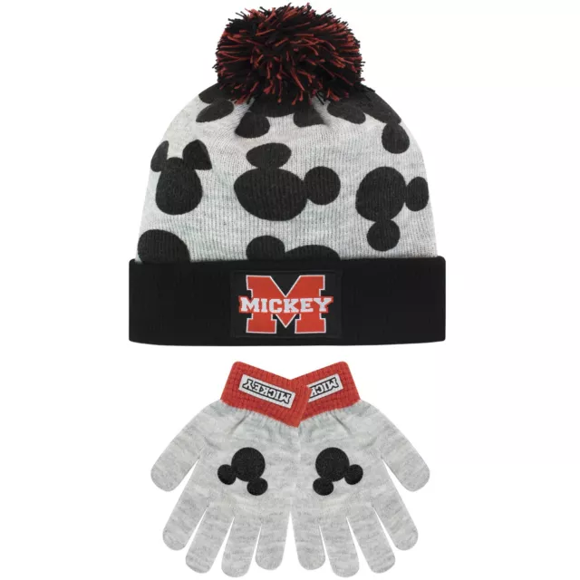 Mickey Mouse Winter Set Kids Boys Winter Accessories Hat Gloves Pom Pom Grey