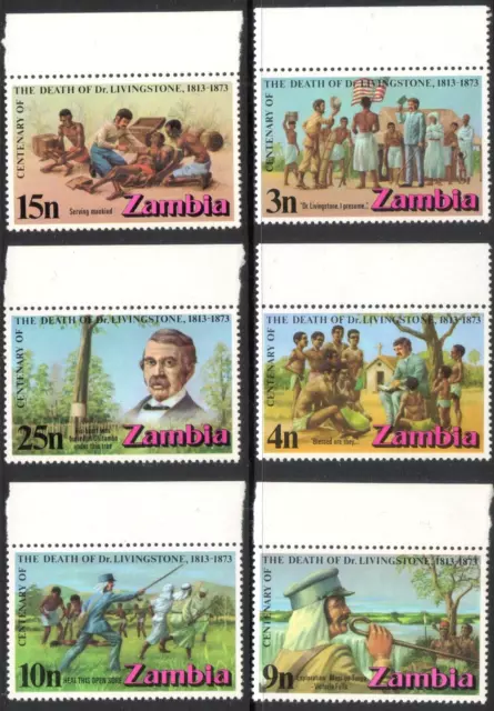 Zambia 1973 QEII Muerte de Livingston Centenario Set de 6 sellos como nuevos sin montar o nunca montado