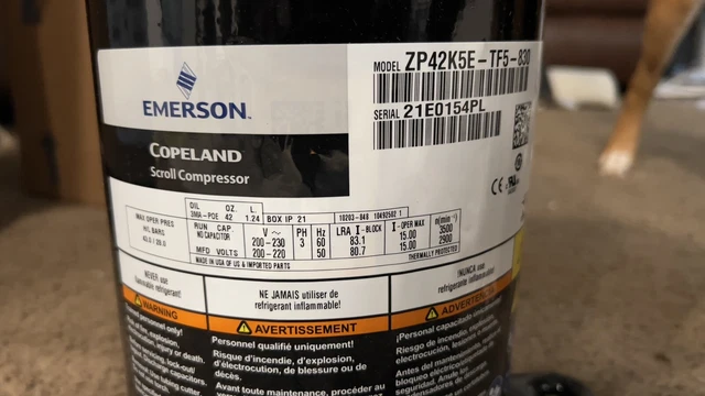 Copeland ZP42K5E-TF5-830 42,000 BTU R410a 208-230V 1PH Scroll Compressor