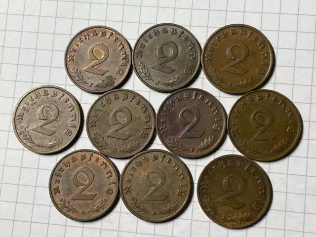 GERMAN WW2 Lot 10x Coins 2 Reichspfennig  1937-1939  SWASTIKA ( Copper )