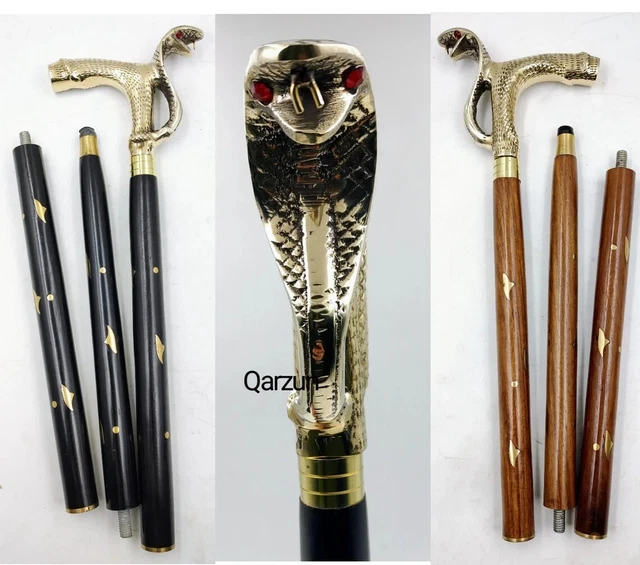 Set of Solid Brass Cobra Snake Handle wood walking stick cane 3 part open stick