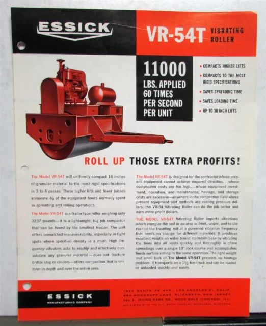 1960s Essick VR 54T Vibrating Roller Specifications Construction Sale Data Sheet