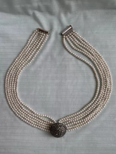 Stunning Sterling Judith Jack Round Marcasite Faux Pearl Choker Necklace