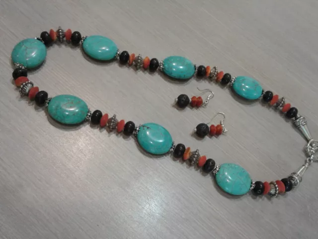 Necklace Earrings Set, turquoise, coral beads, great condition,  22" long