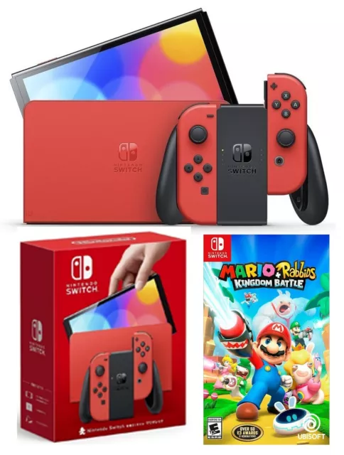 NEW Nintendo Switch OLED 64GB Mario RED Bundle SPECIAL Ed + Mario Rabbids Game!