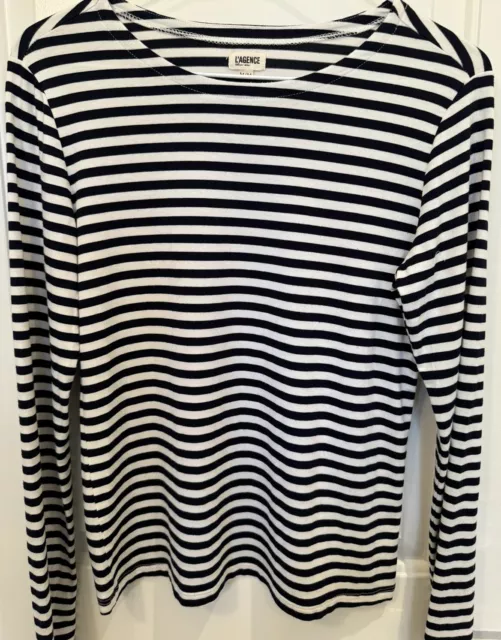 L’Agence Tess Long Sleeve Navy Blue& White Stripe T-Shirt Women’s Size Med
