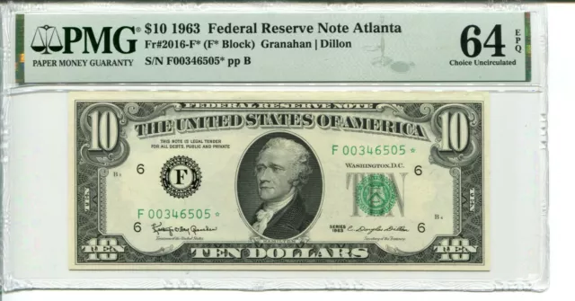 FR 2016-F* Star 1963 $10 Federal Reserve Note PMG 64 EPQ Choice Uncirculated