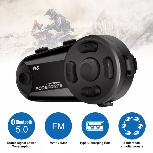 V6S 1000M 6 Riders Motorcycle Intercom Helmet Bluetooth Headset with FM Radio