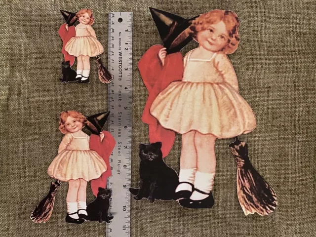 U Pick Vintage Inspired Girl Witch Cape Cat Broom Halloween Cardstock Decoration