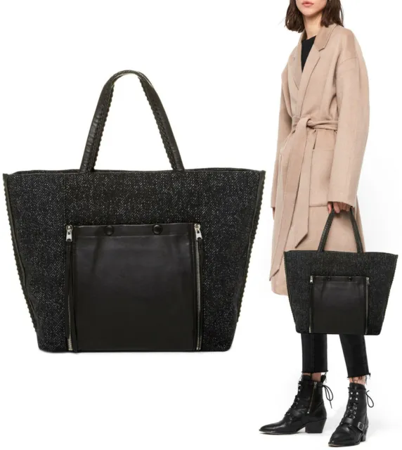 ALLSAINTS Fleur De Lis East West Textile & Leather Tote Bag Handbag Purse Black