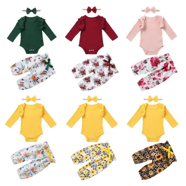 Baby Girls Outfits Set Long Sleeve Romper Flower Print Pants+Headband Daily Wear