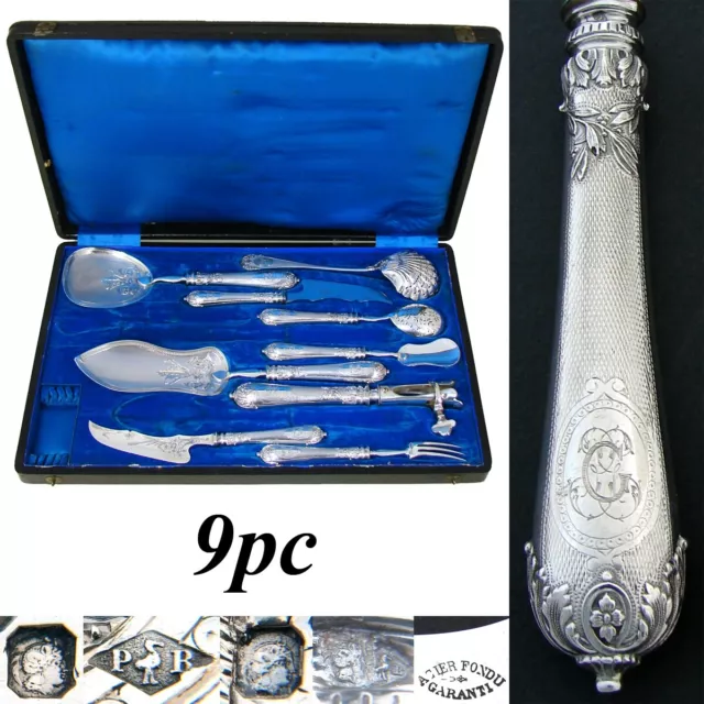 Antique French Sterling Silver 9pc Serving Utensil Set, Ornate Guilloche Style
