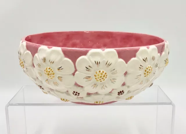 Vintage Daisy Dogwood Flower Bowl MAJOLICA STYLE Hand Painted Pink Round 8"