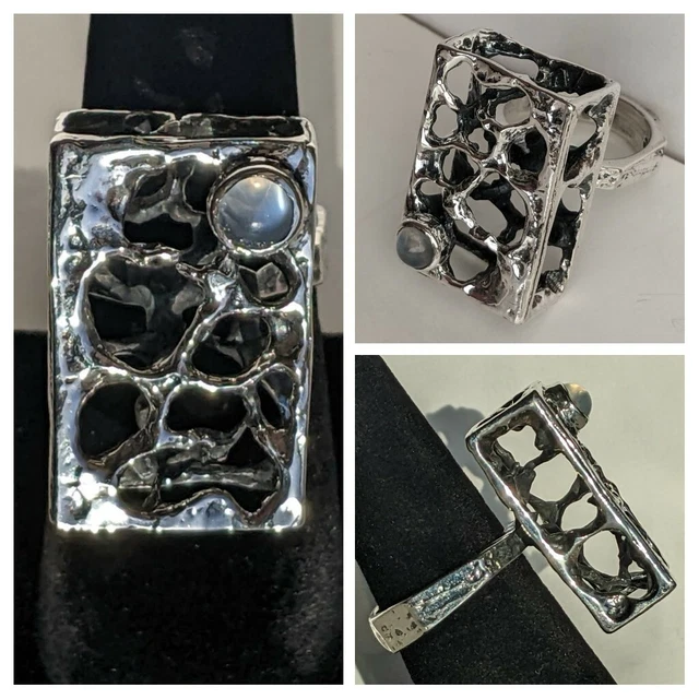 Sterling Silver Unusual Root Box Ring Cat's Eye Moonstone 13.4g Sz6.25 Signed GC