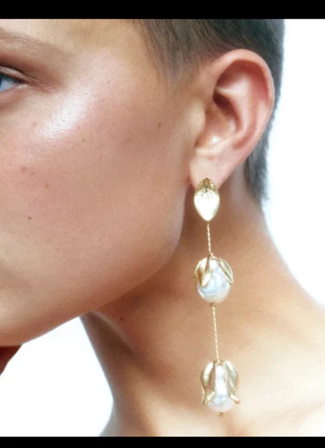 Zara Gold Flower Drop Earrings - Long Hook Statement Earrings, Lily Design