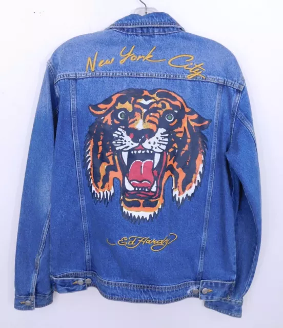 Ed Hardy Denim Trucker Jacket NYC Tiger Embroidery Screen Printed L