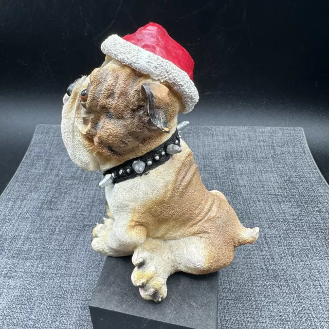 English Bulldog Resin Figurine Sculpture Lifelike w/ Santa Hat Puppy Christmas 2
