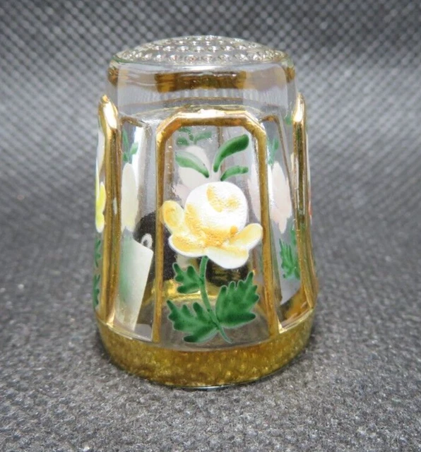 Ullman Crystal Glass Germany Thimble - White & Gold - Flowers