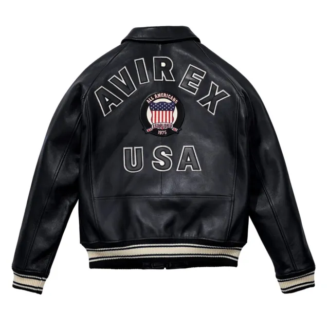 Avirex American Flight Real Bomber Genuine SheepSkin Black Leather Jacket Men