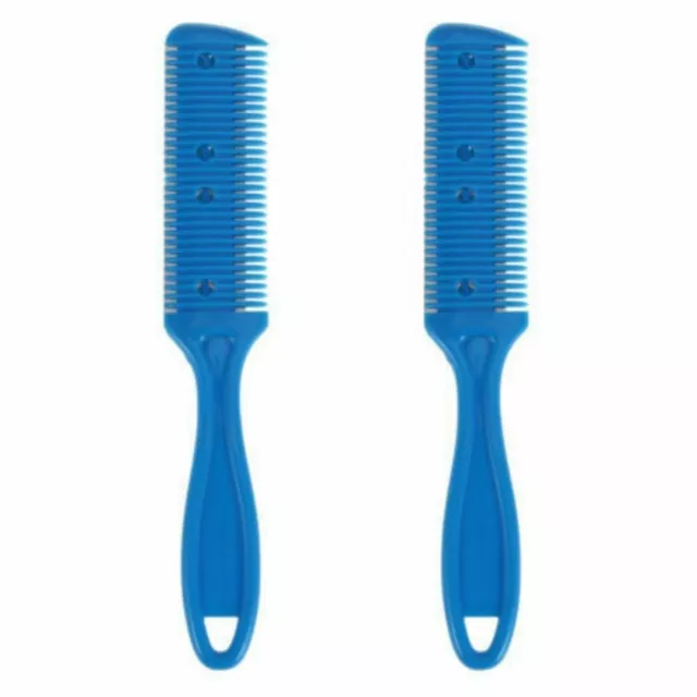 2Pcs Peigne Coupe Cheveux Rasoir Amincir Effiler 2 Lames 18cm Bleu Soins Beauté