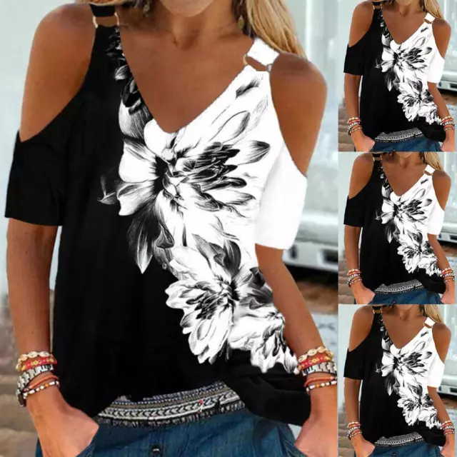 Womens Floral V Neck Cold Shoulder Tunic Tops Casual Summer Loose T-Shirt Blouse