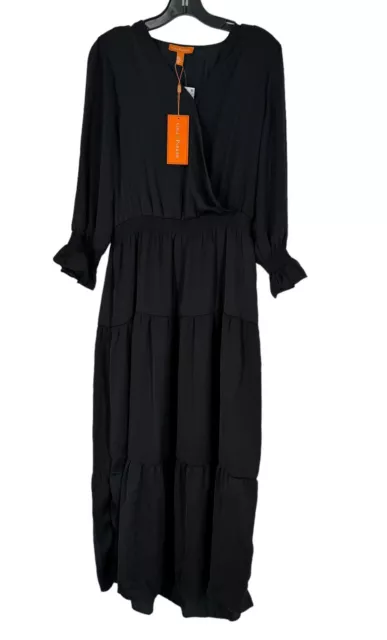 Gigi Parker Womens Dress Black Maxi V Neck Smocked Boho Tiered Size Large