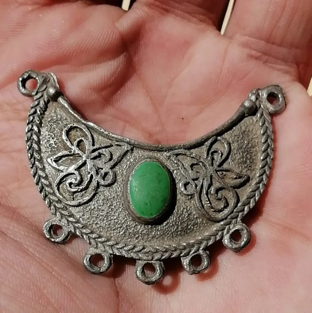 Old Very Rare Ancient Viking Amulet Engraved Artifact Authentic With Green Stone