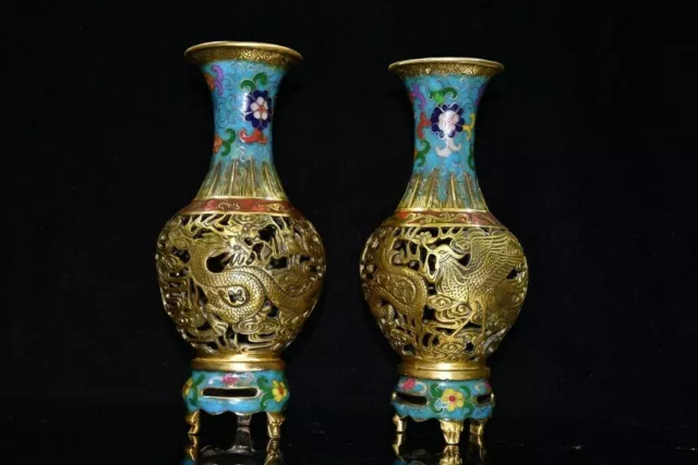 Chinese antiques Copper Cloisonne Hand-made Exquisite A Pair Vase