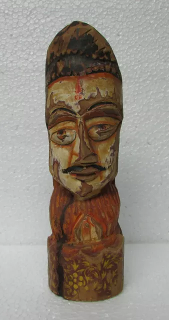 Vintage Old Hand Carved Painted Wooden Man Face Statue Sculpture Art Collectible
