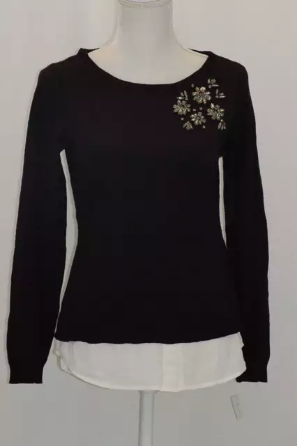 Charter Club Layered-Look Brooch Sweater Deep Black L