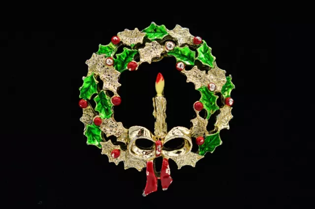 Gerry's Vintage Wreath Pin Brooch Christmas Candle Holiday Signed 80s BinAC