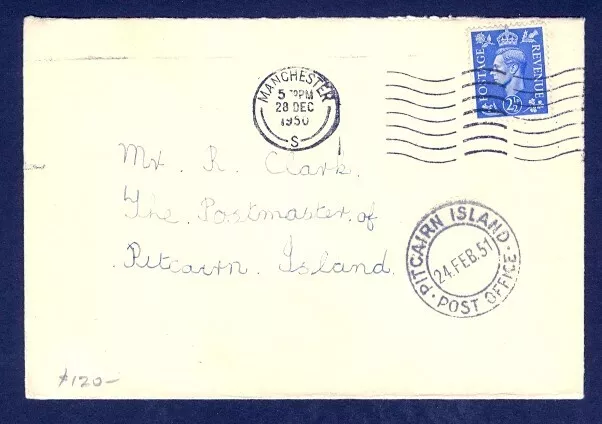 GREAT BRITAIN 1950 2½D KGVI SINGLE TO PITCAIRN ISLANDS w/RECEIVER