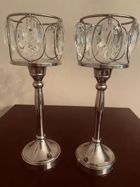 Set of  2 Silver Plated Tall Candle Holders w/Cut Crystal Prisms  10” Tall