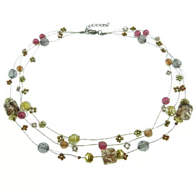 Collier Ras-de-cou Femme Violet - Perles Grises, Dorées Et Rose Framboise - Neuf