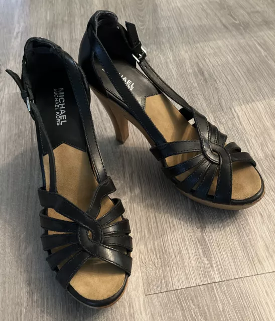 MICHAEL Michael Kors Womens Strappy Leather Sandals, BLACK, Wood Platform Sz10